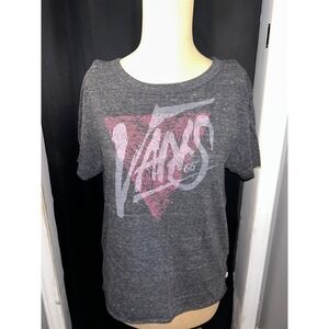 Vans Off The Wall Womens XS Charcoal Gray Pink Logo Open Back Graphic T-Shirt